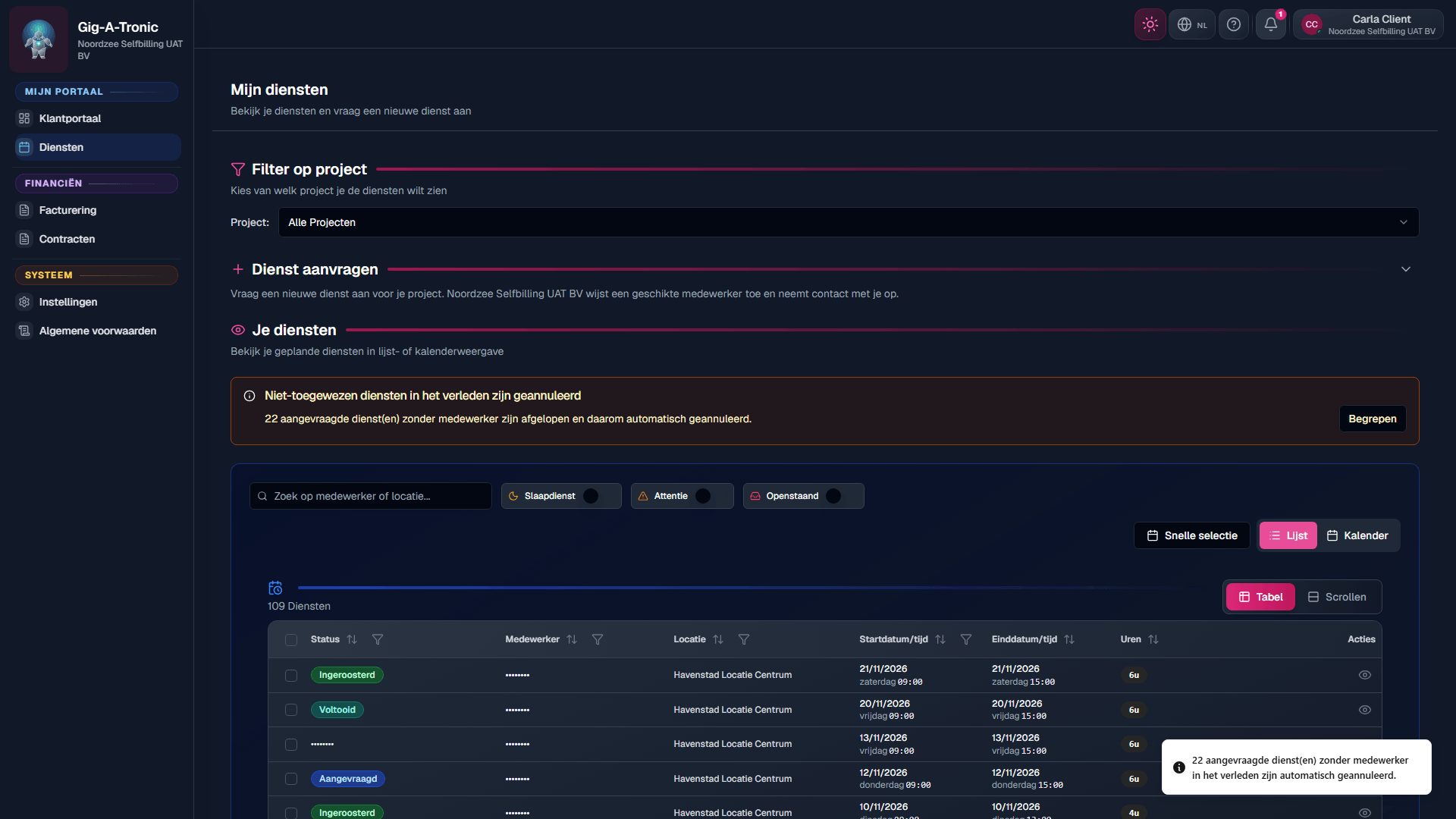 Client-scoped Dienstenlijst (/shifts).