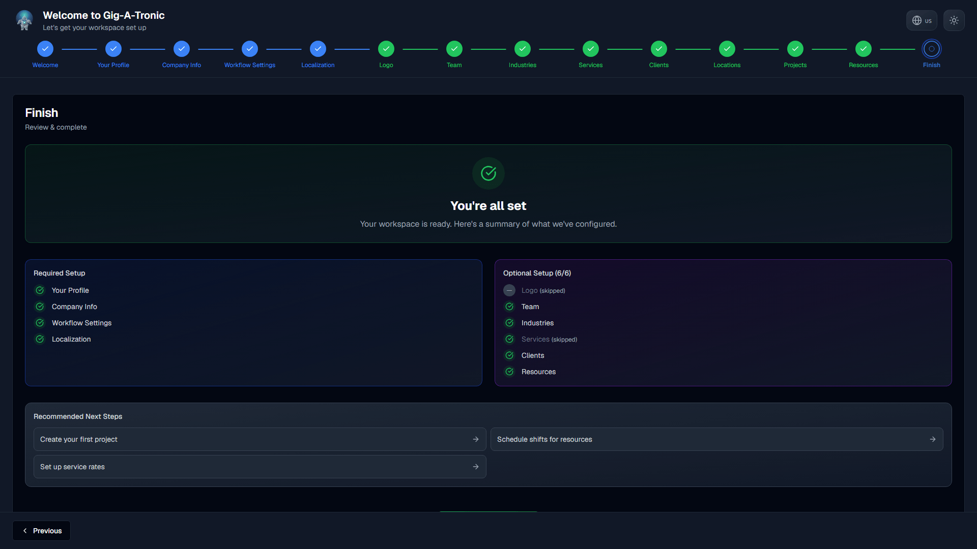 Afronden (Snelle Setup): branche, dienst en IBAN nodig; daarna Naar Dashboard.