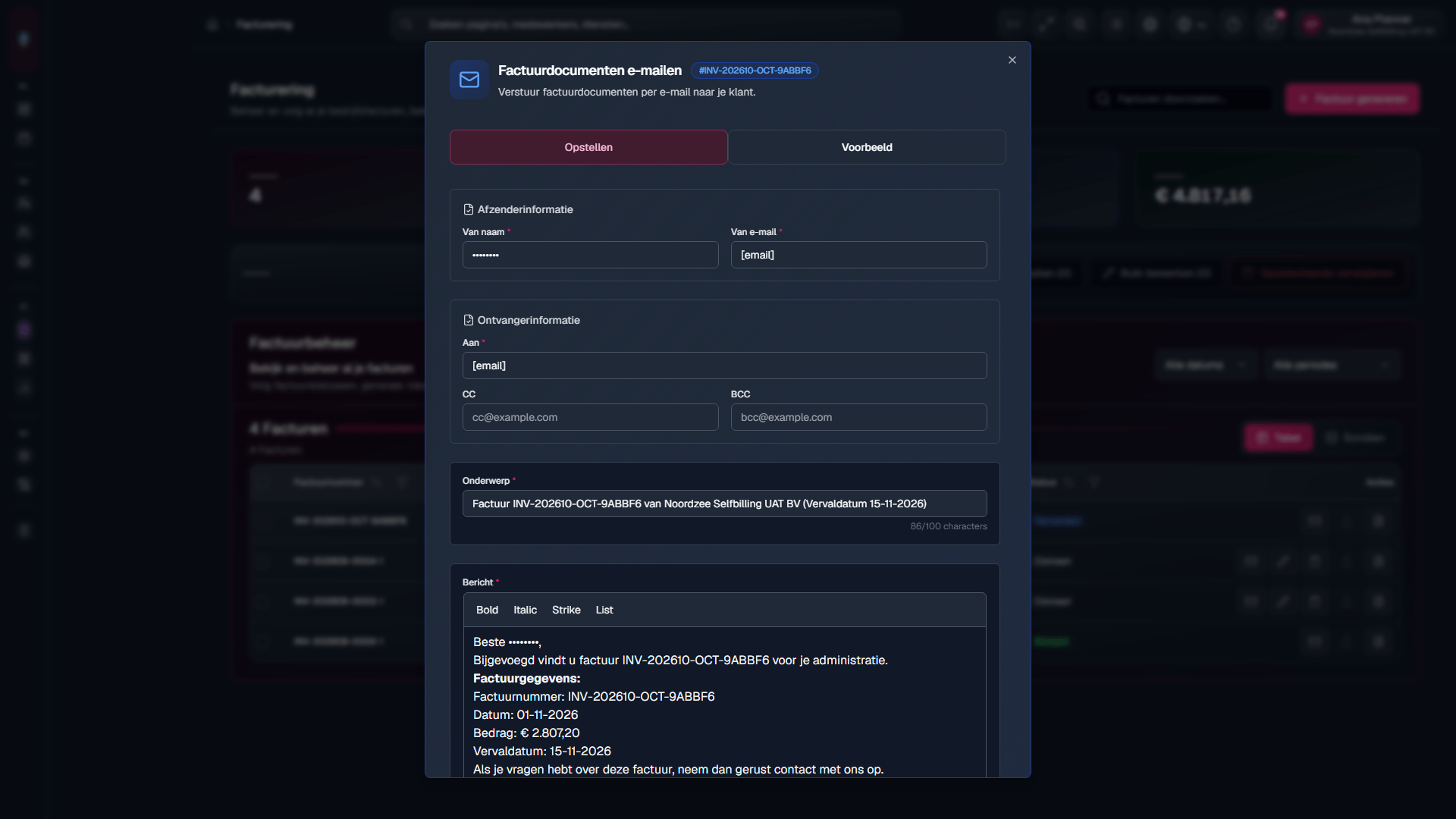 Factuurdocumenten e-mailen: tab Opstellen (niet verzenden bij capture).