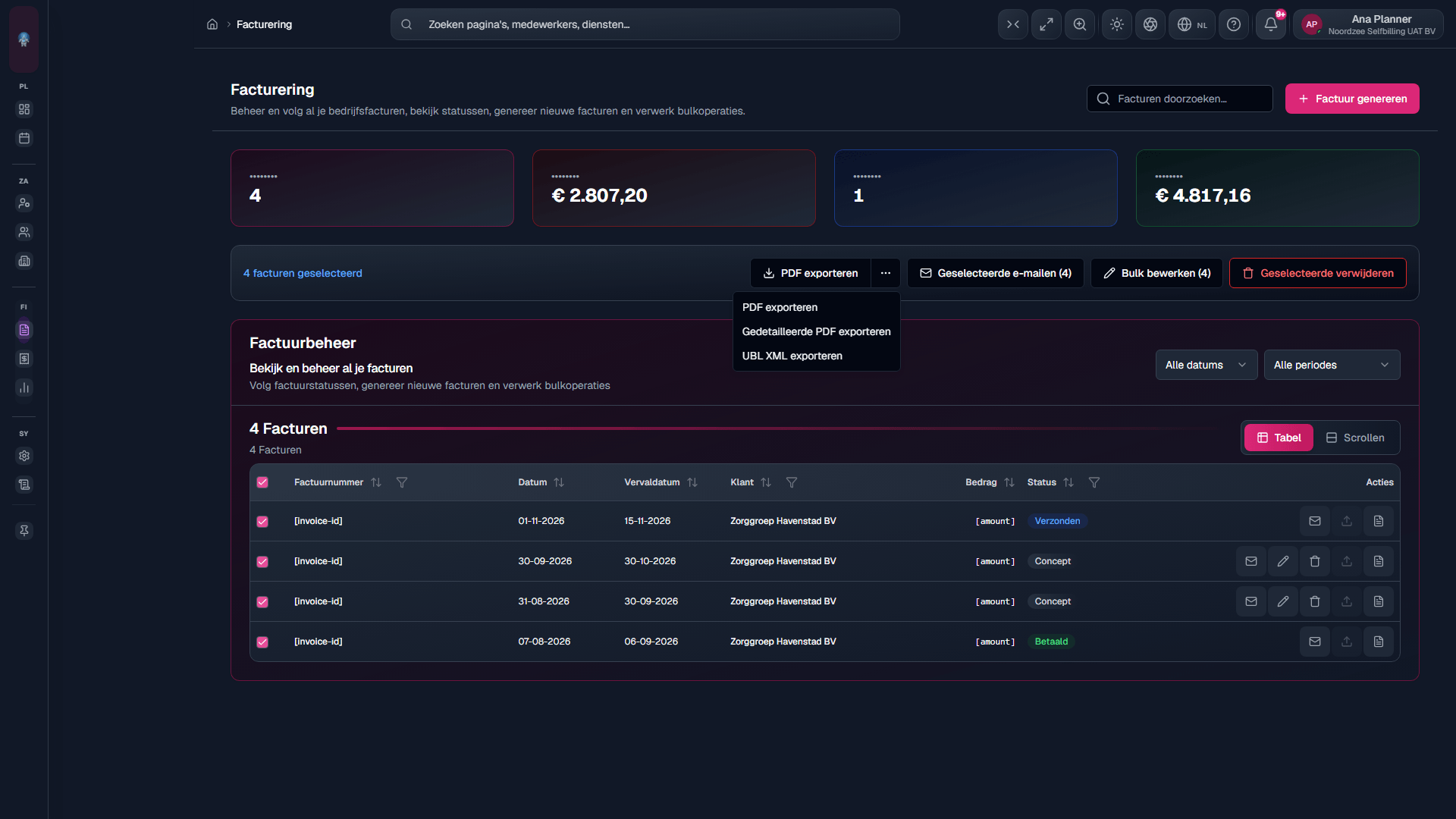 Facturering: exportmenu of bulkselectie-chrome.