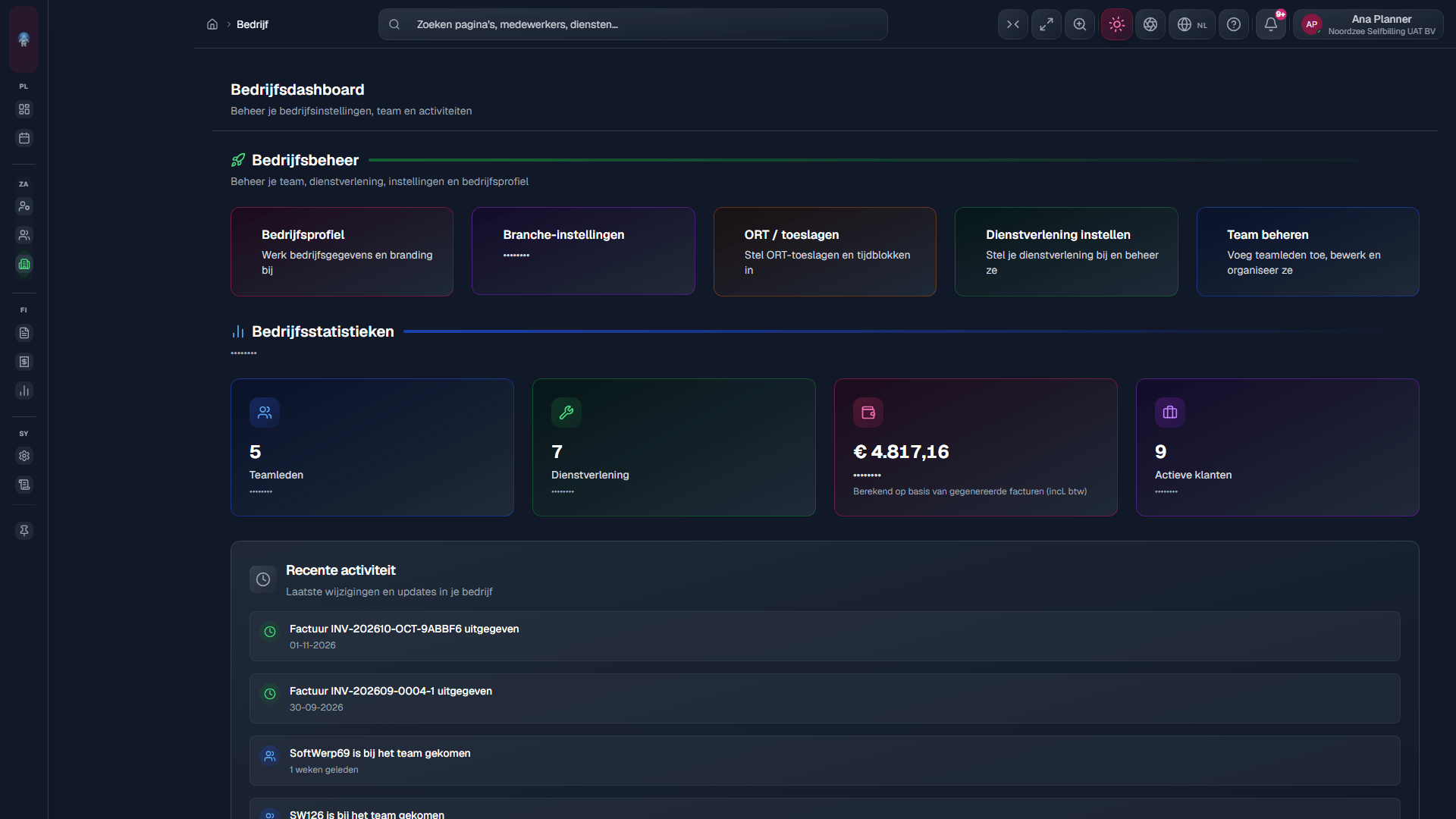 Bedrijfshub: kaarten naar profiel, branches, schema's, dienstverleningen en team.