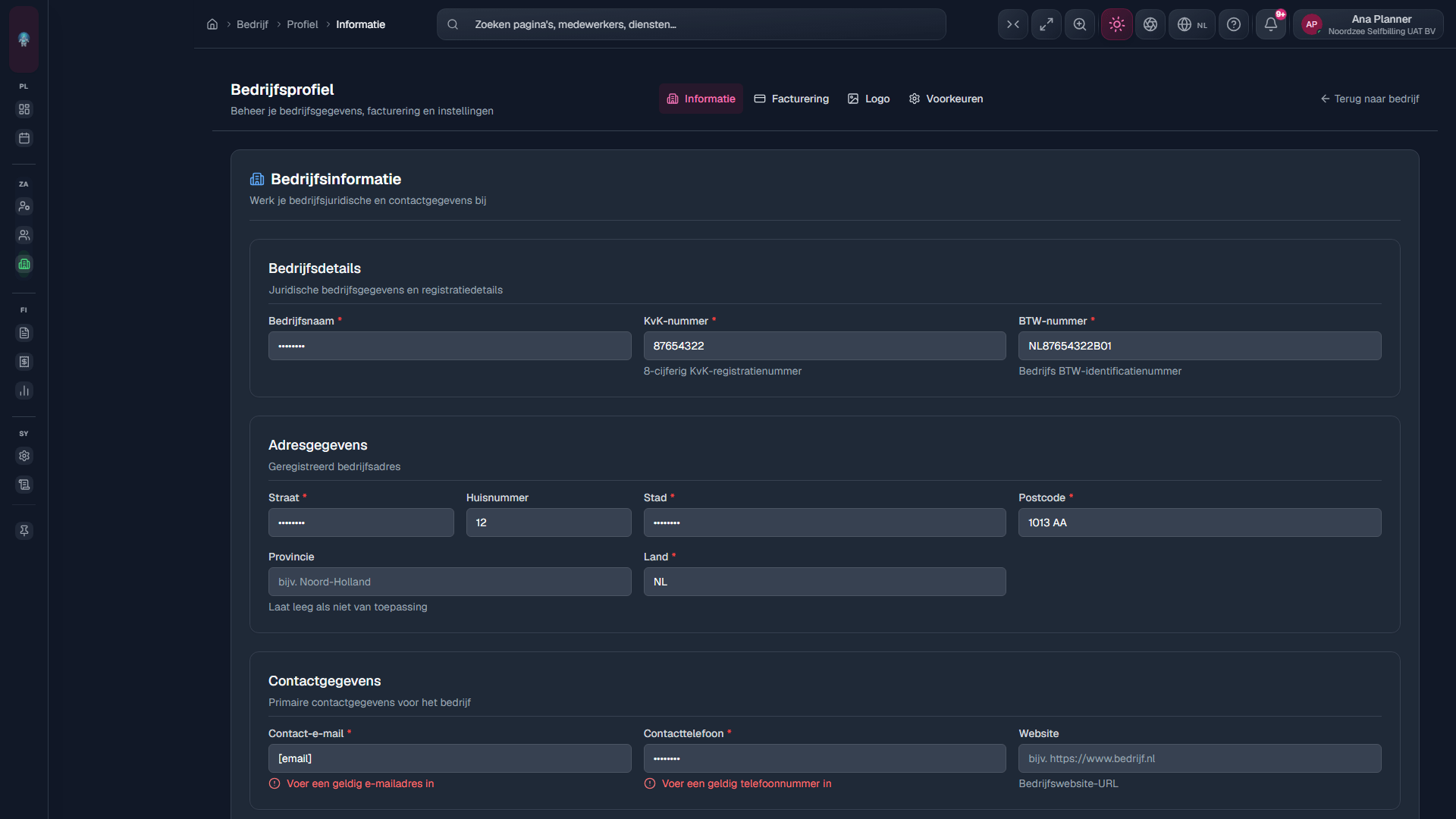 Profiel → Informatie: bedrijfsidentiteit en contact (/company/profile/information).