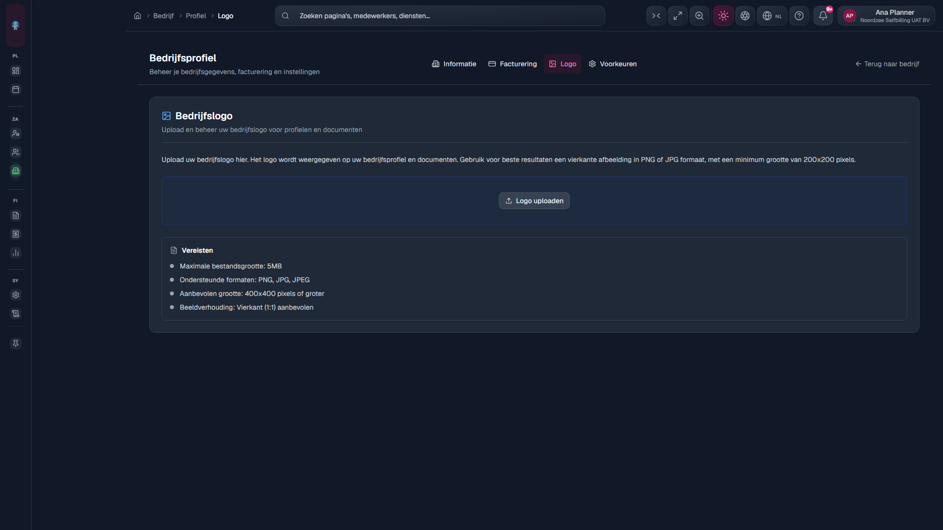 Profiel → Logo: merkteken voor app en documenten.