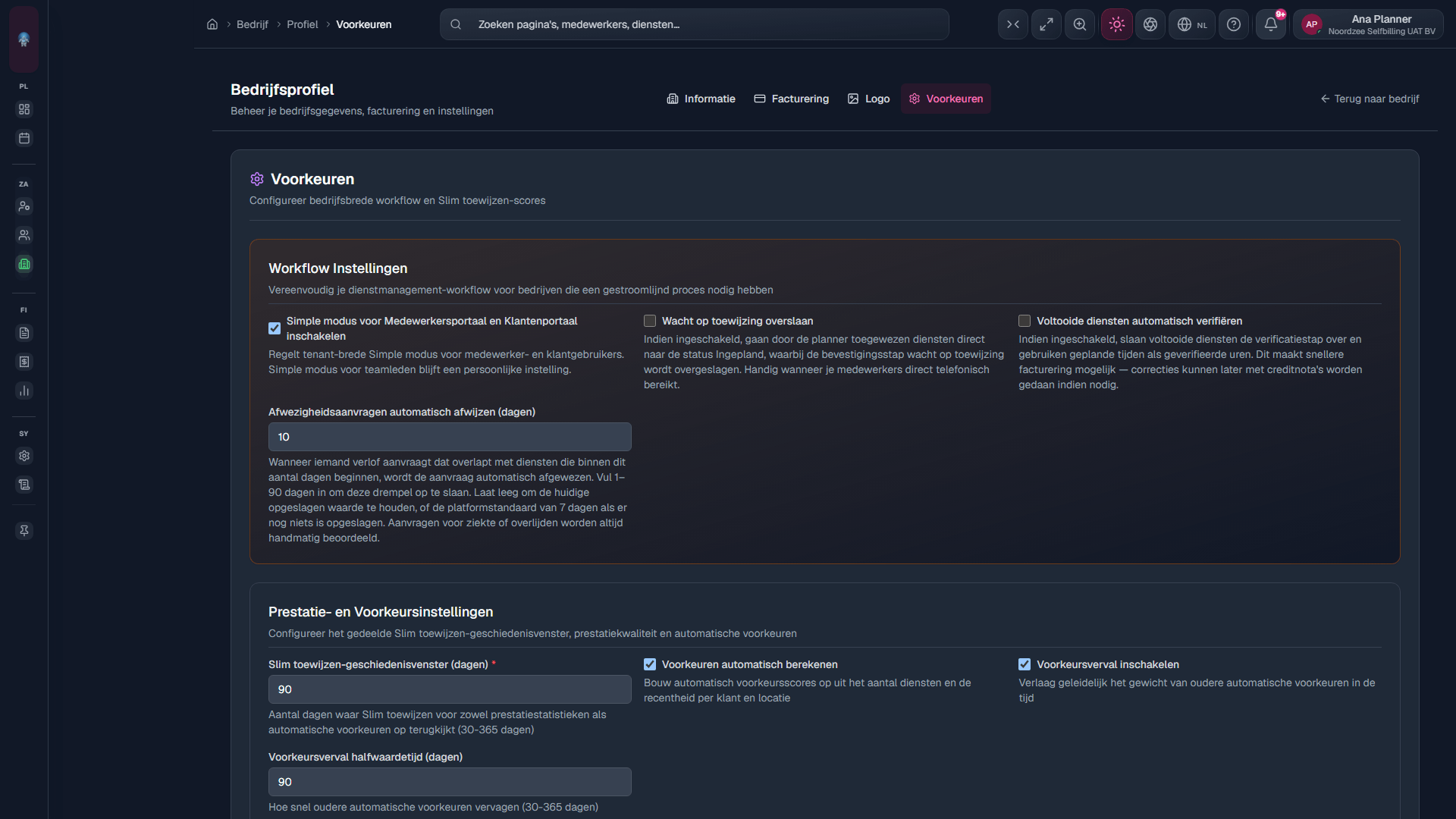 Profiel → Voorkeuren: workflowinstellingen voor diensten en portalen.