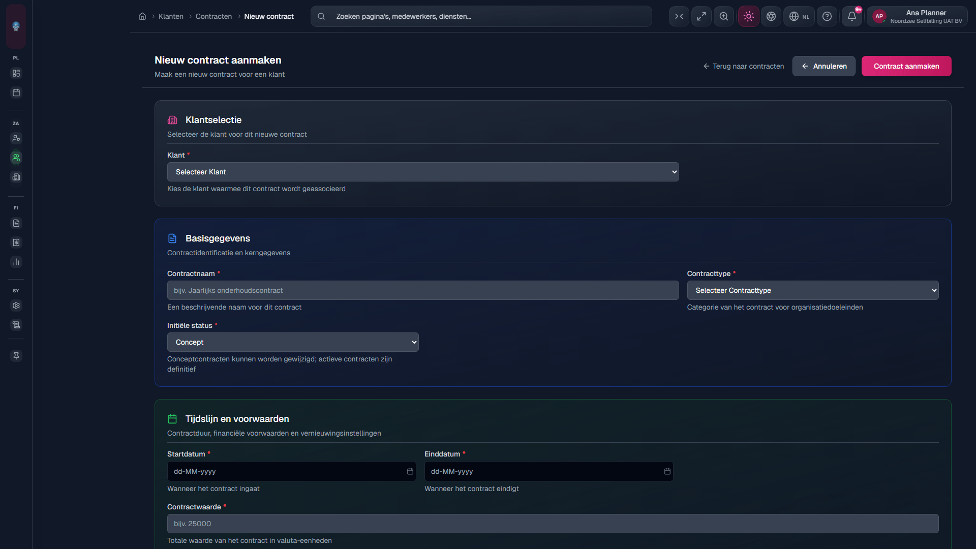 Nieuw contract: klant, datums, type, waarde, facturatiefrequentie.