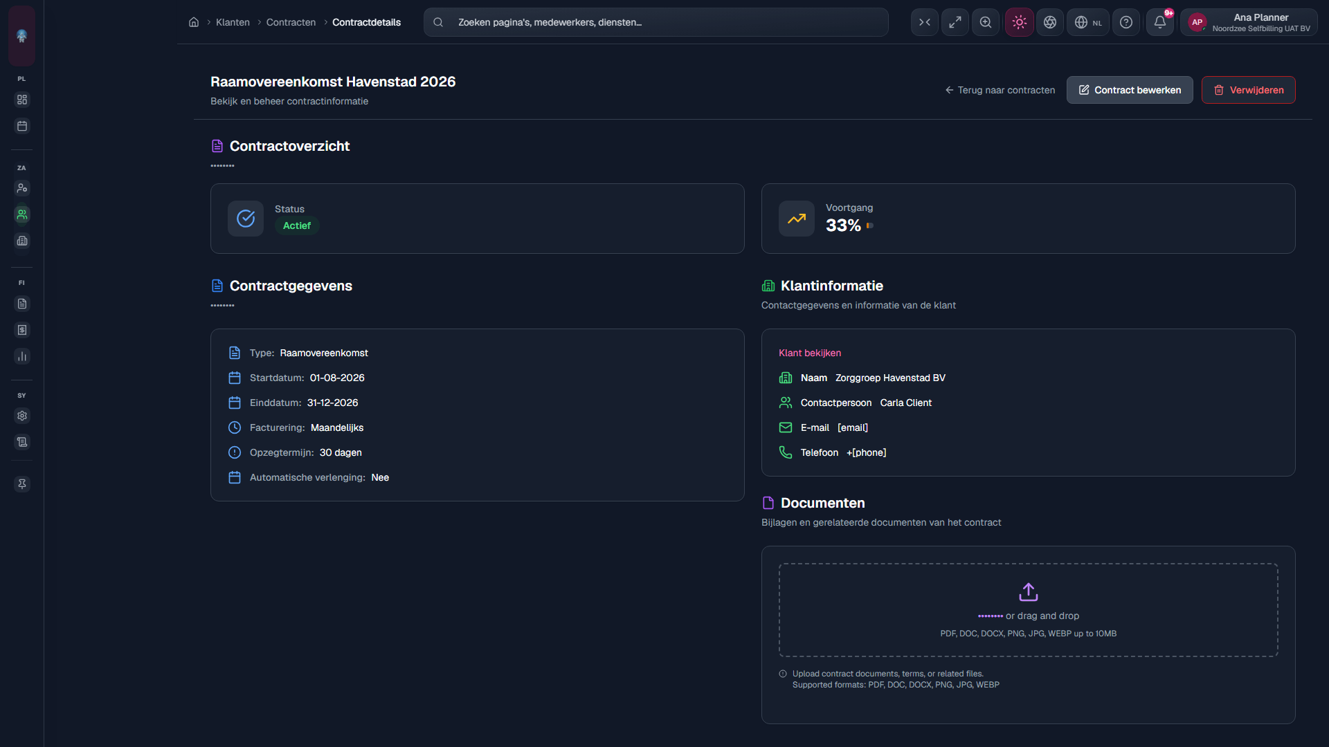 Contract bekijken: voorwaarden, datums, status (/clients/contracts/contract?id=).
