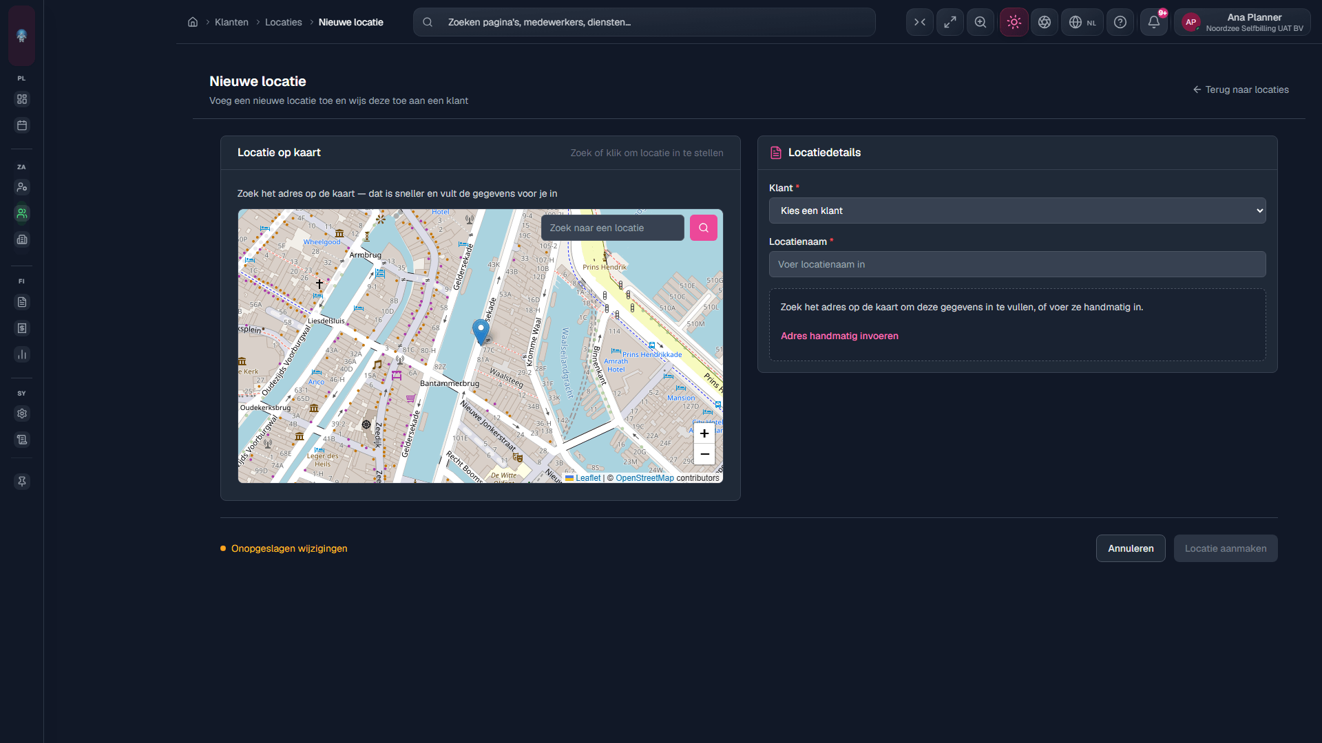 Nieuwe locatie: klant + adres; geocode wanneer beschikbaar.