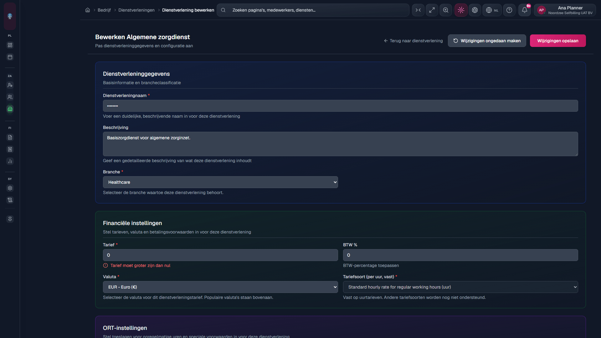 Dienstverlening bewerken: tarief en metadata bijwerken (edit?id=).