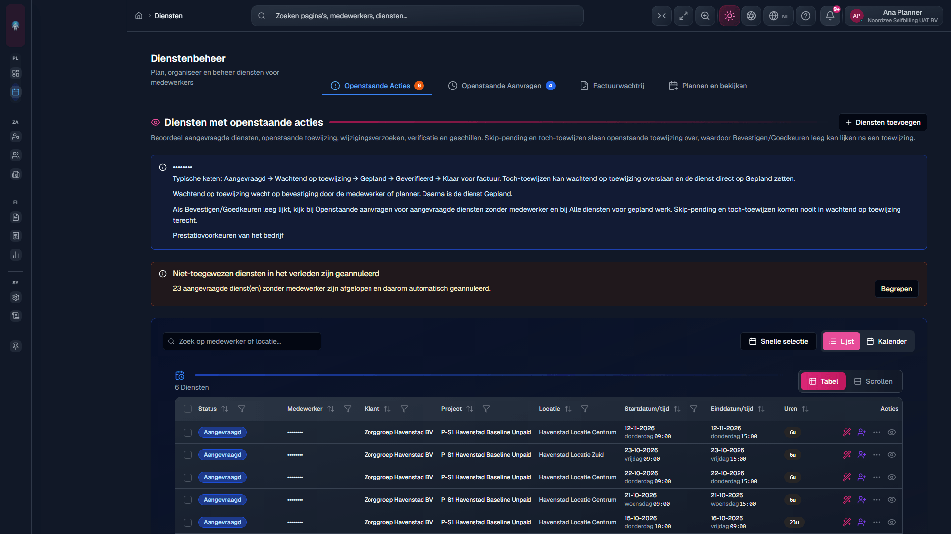 Tab openstaande acties: diensten die planneractie nodig hebben (/shifts?tab=pending-actions).