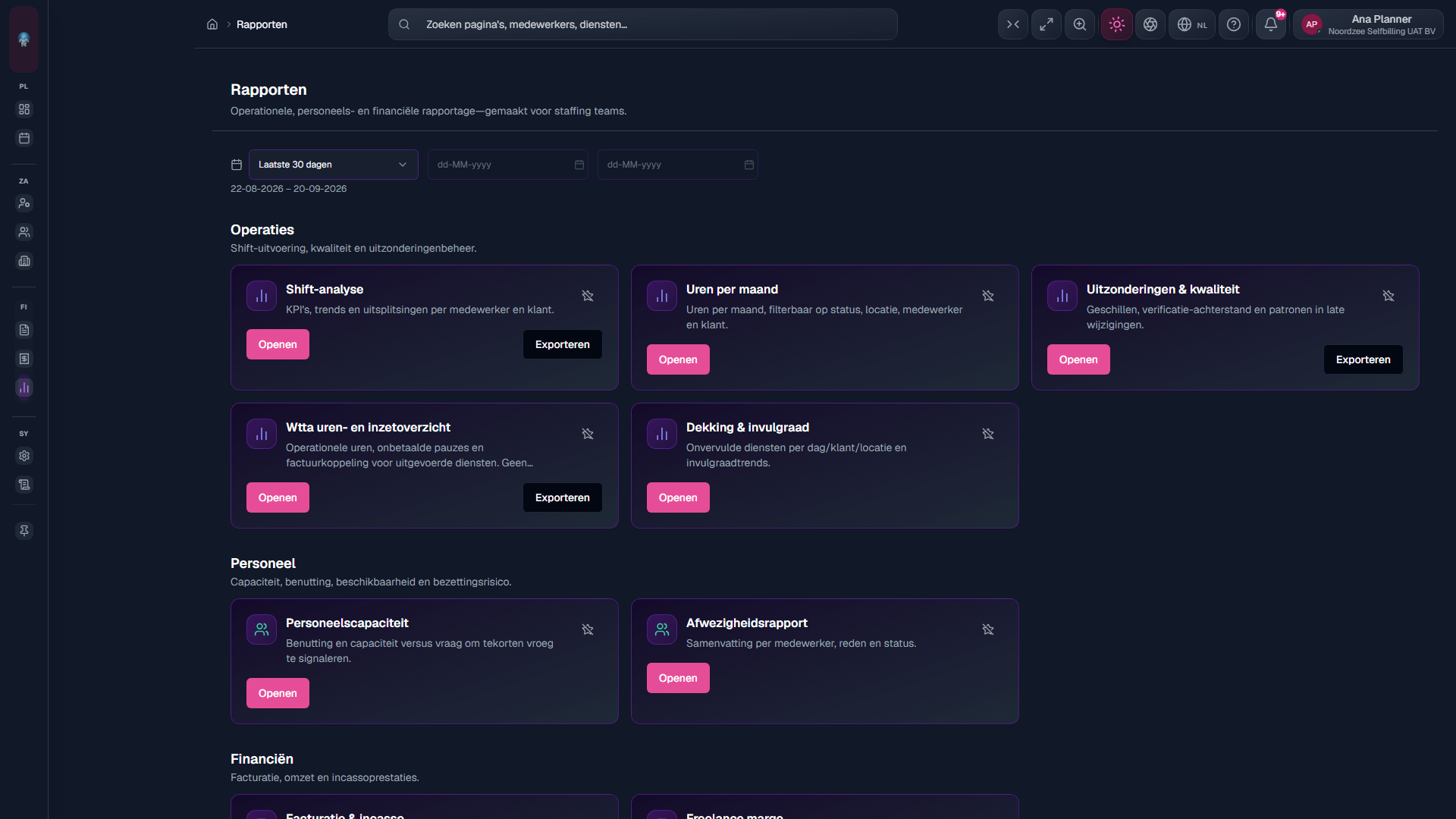 Rapporten: cataloguskaarten Operaties, Personeel, Financiën en Datakwaliteit.