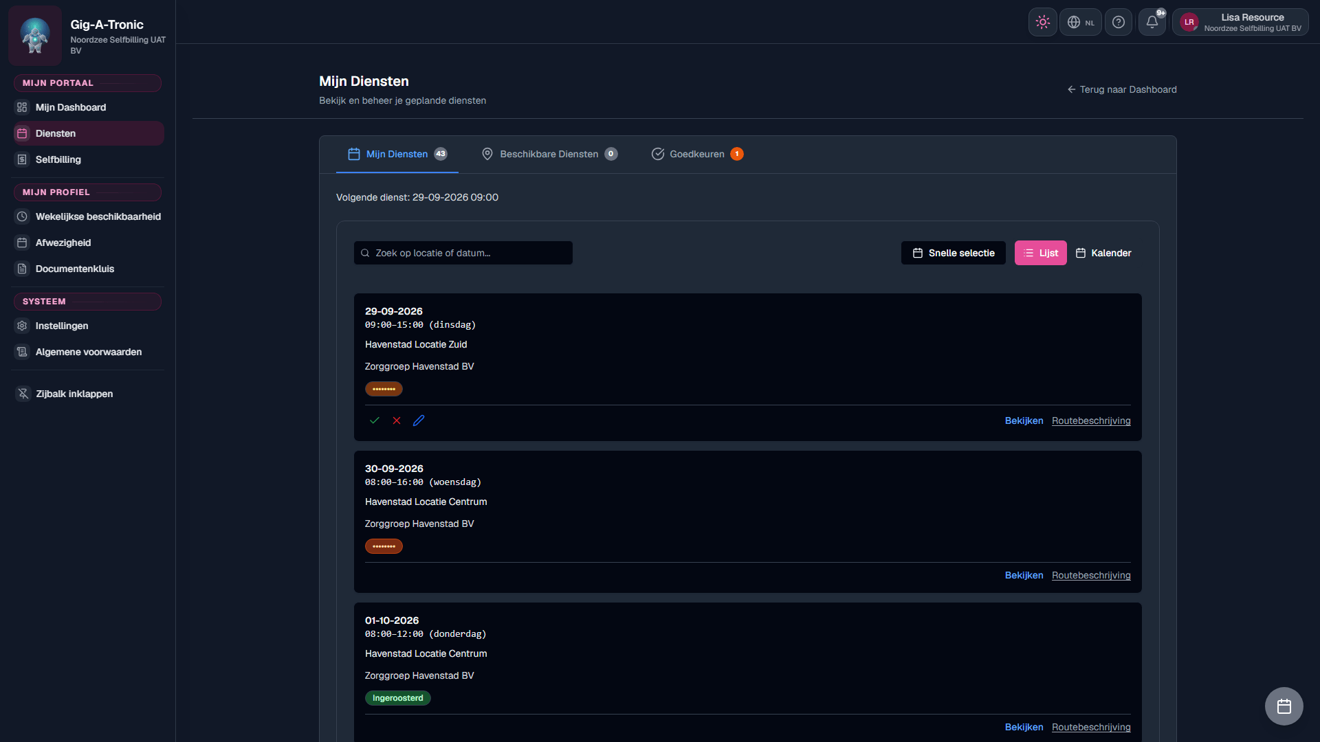 Tab Mijn Diensten: toegewezen diensten (/resource-portal/shifts).