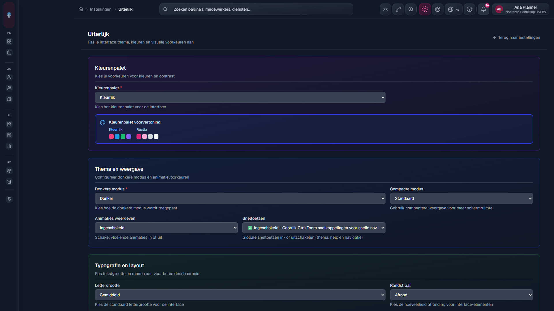 Uiterlijk: thema, donkere modus, layout (/settings/appearance).