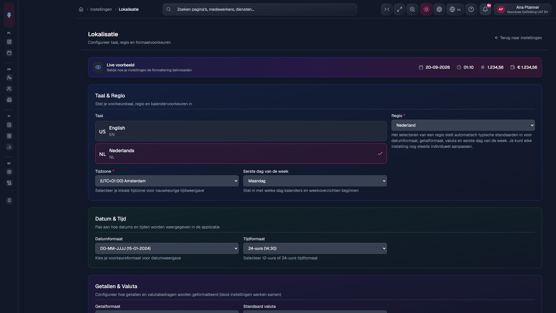 Lokalisatie-instellingen: taal, regio, formaten, valuta (/settings/localization).