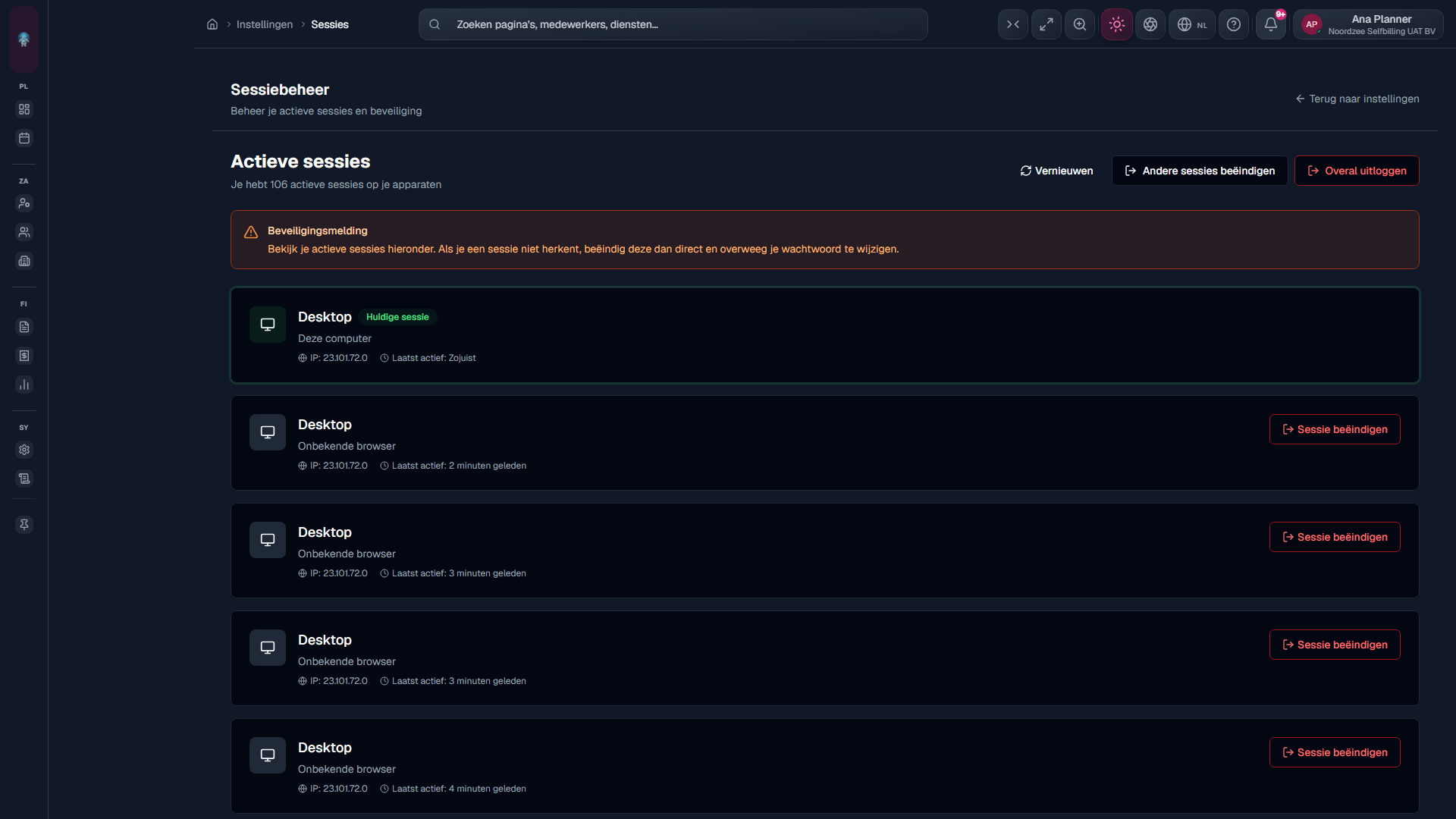 Sessiebeheer: actieve sessies en beëindigen (/settings/sessions).